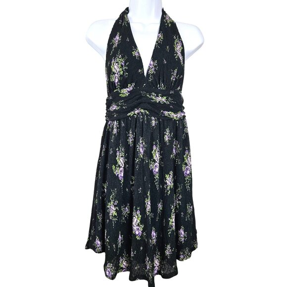 Womens Size S Black Floral Halter Mini Dress With Open Back Lined Sexy Party - Picture 4 of 11